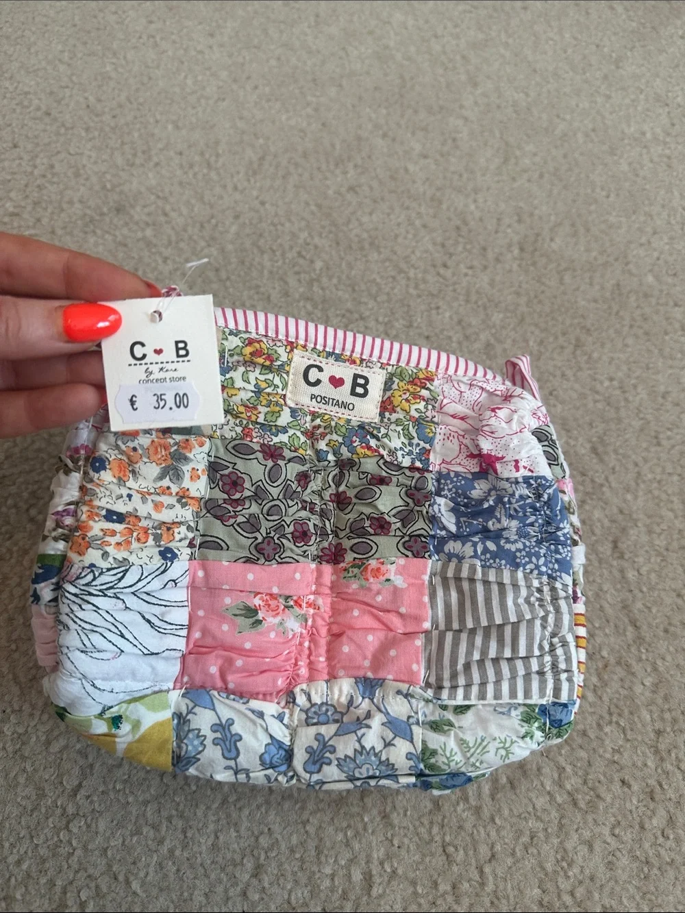 C&B Positano Multicolor Patchwork Quilted Cosmetic Pouch - Pink Accent